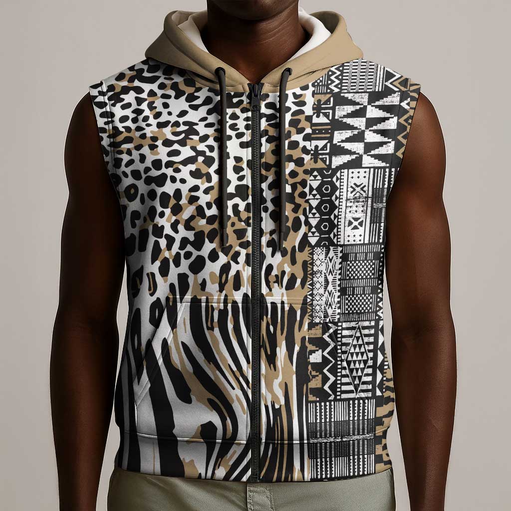 Africa Tribal Pattern Mixed Leopard Skin Sleeveless Zip Hoodie - African Pride