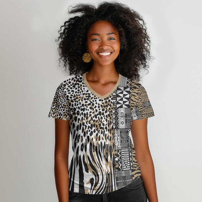 Africa Tribal Pattern Mixed Leopard Skin Women V-Neck T-Shirt - African Pride