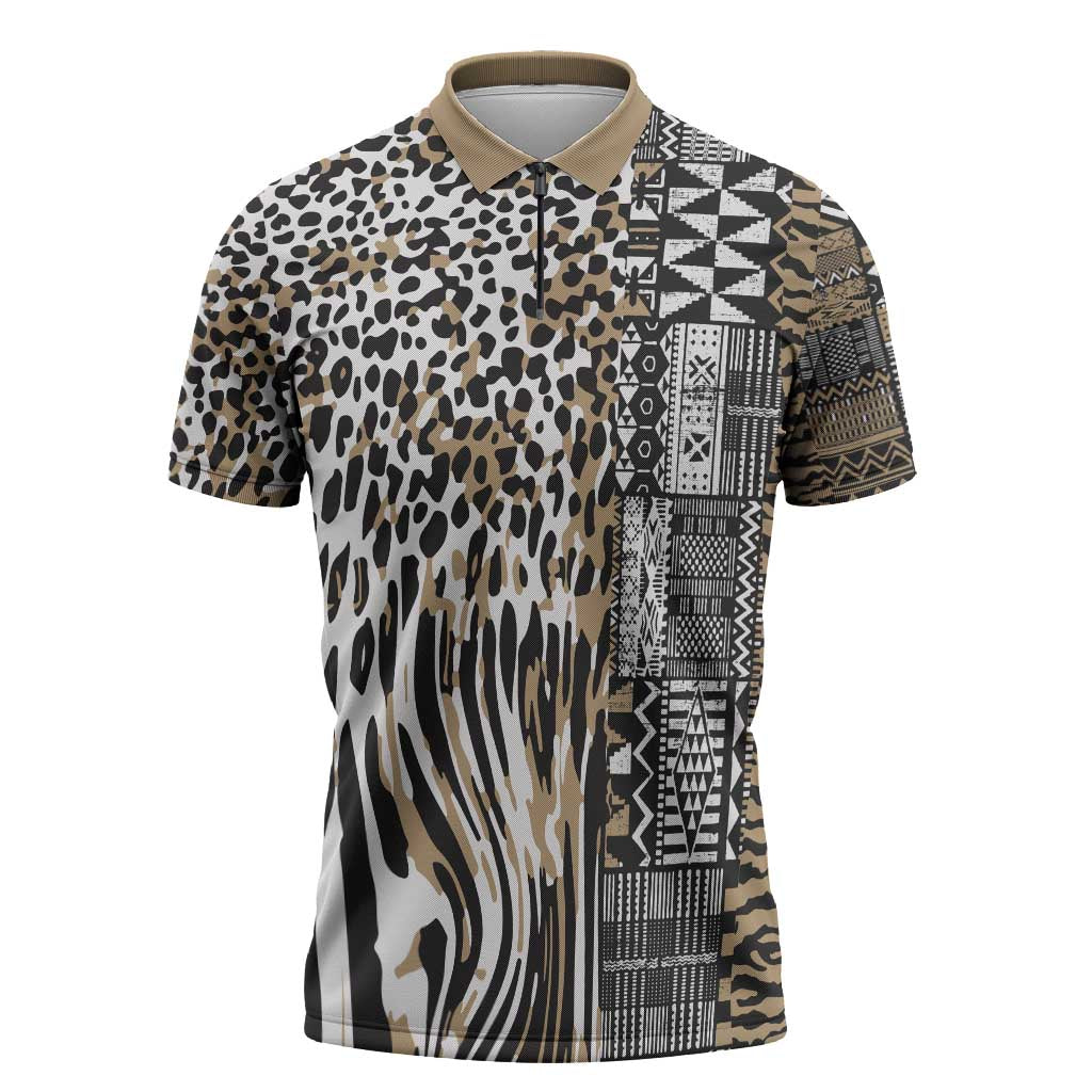 Africa Tribal Pattern Mixed Leopard Skin Zipper Polo Shirt