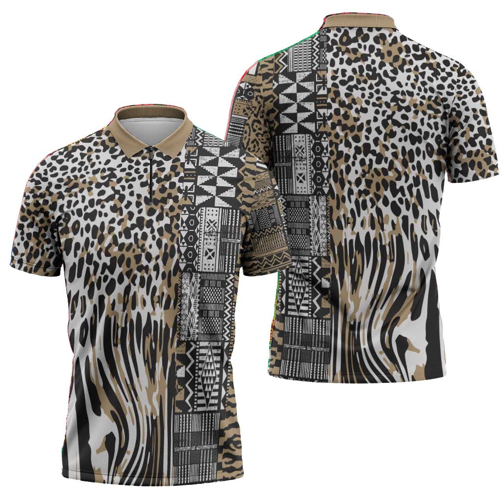 Africa Tribal Pattern Mixed Leopard Skin Zipper Polo Shirt
