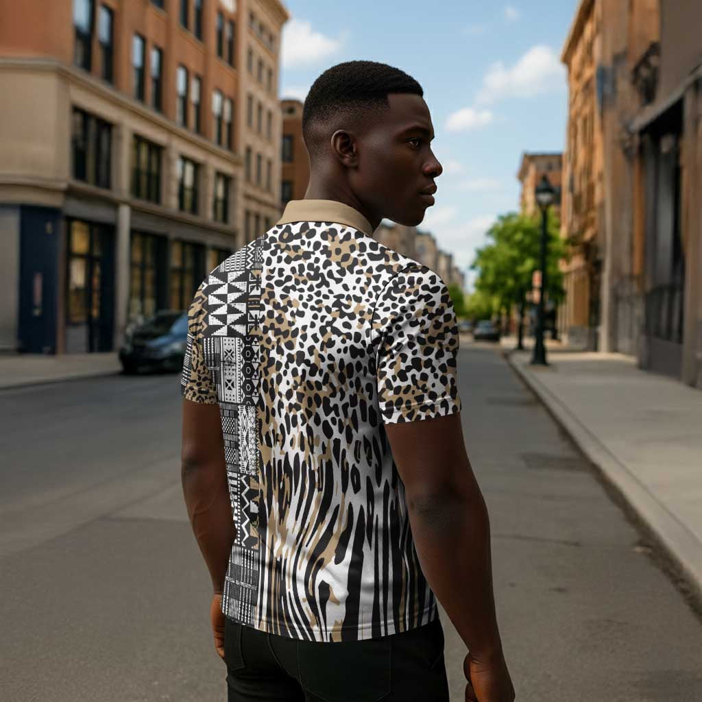 Africa Tribal Pattern Mixed Leopard Skin Zipper Polo Shirt