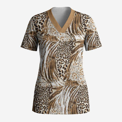 African Wild Animal Skins Scrub Top Leopard Pattern