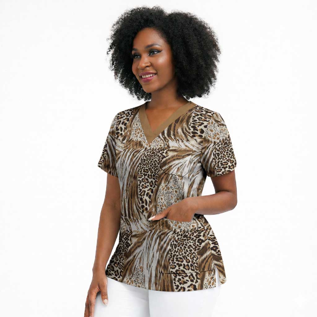 African Wild Animal Skins Scrub Top Leopard Pattern