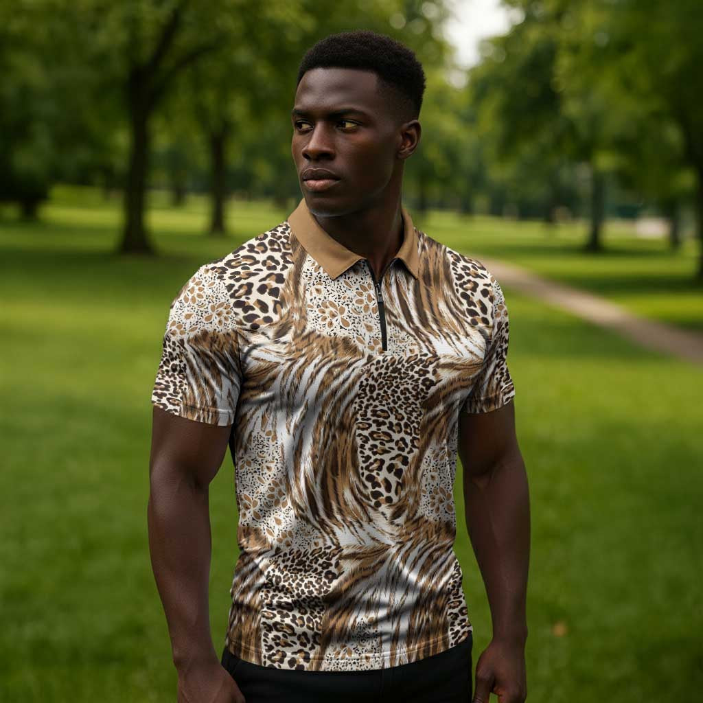 African Wild Animal Skins Zipper Polo Shirt Leopard Pattern