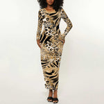 African Wild Animal Skins Long Sleeve Bodycon Dress Zebra Tiger Leopard Mix Skin - African Pride