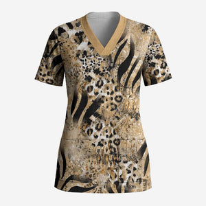 African Wild Animal Skins Scrub Top Zebra Tiger Leopard Mix Skin