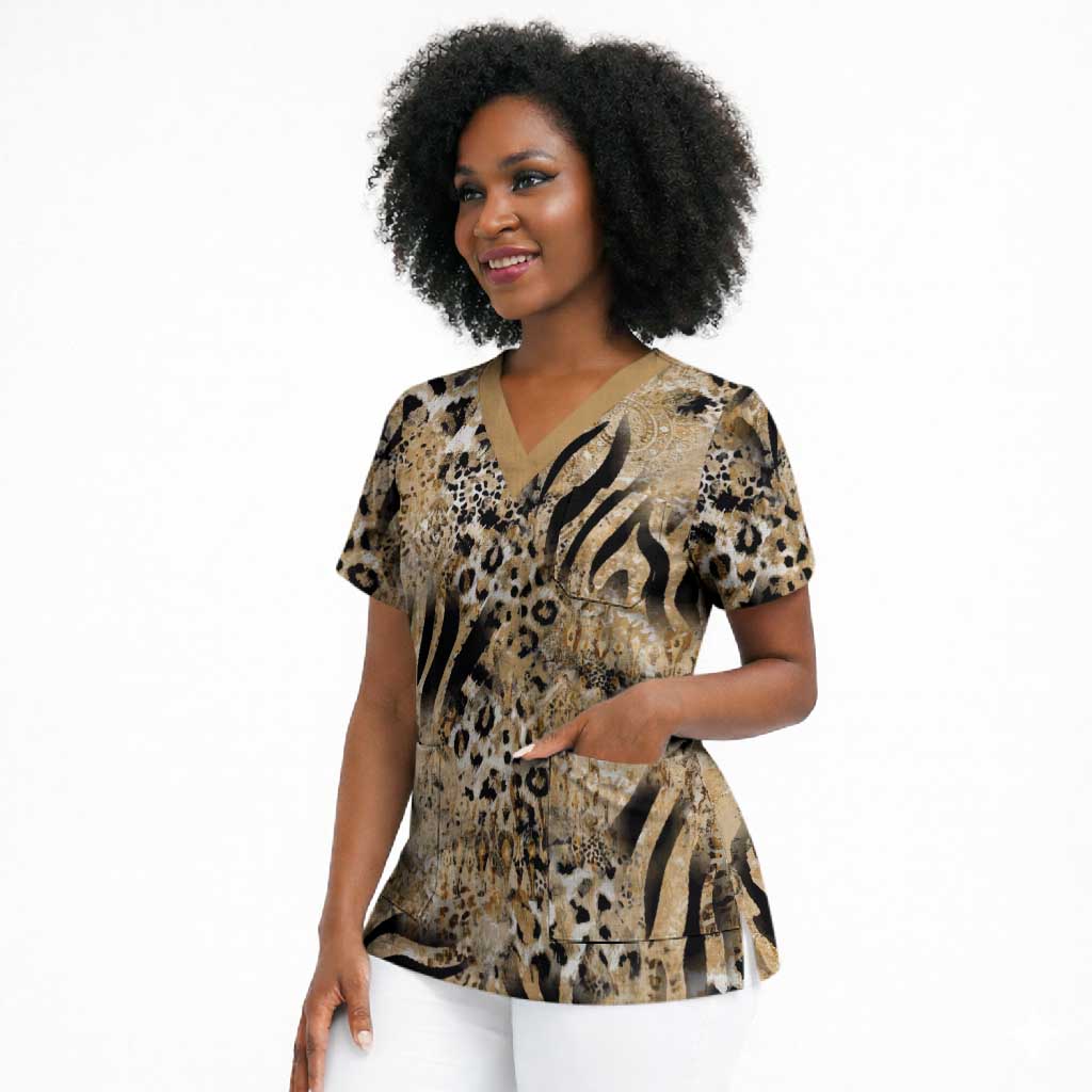 African Wild Animal Skins Scrub Top Zebra Tiger Leopard Mix Skin