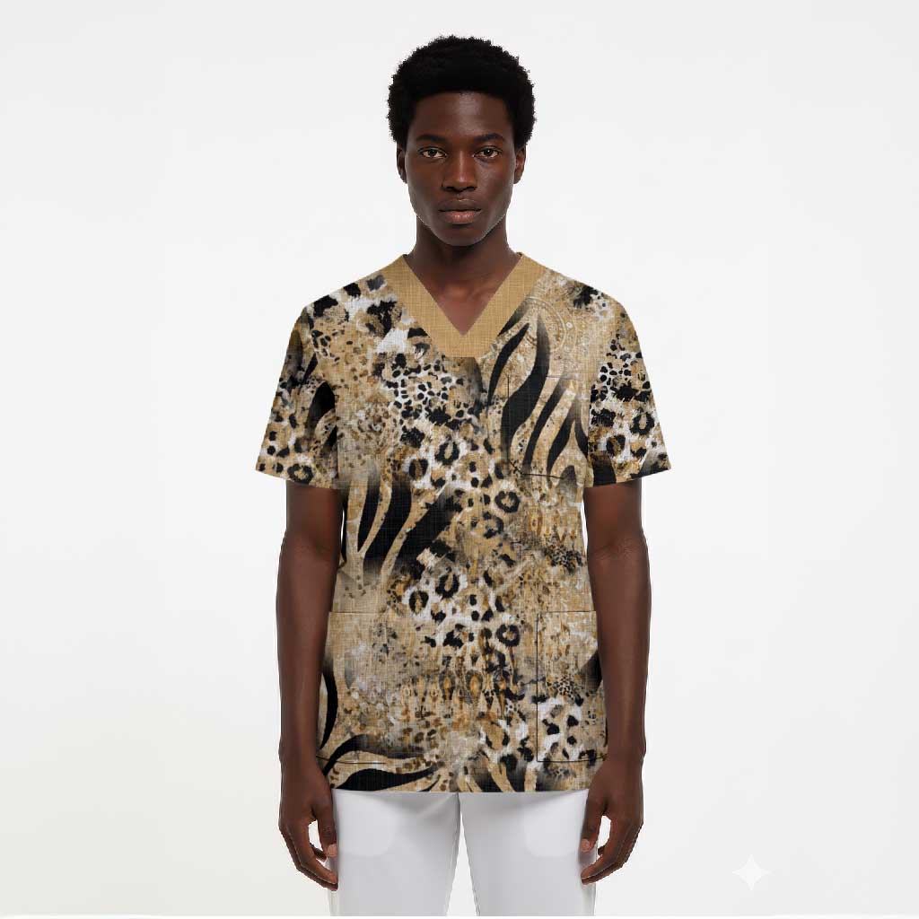 African Wild Animal Skins Scrub Top Zebra Tiger Leopard Mix Skin