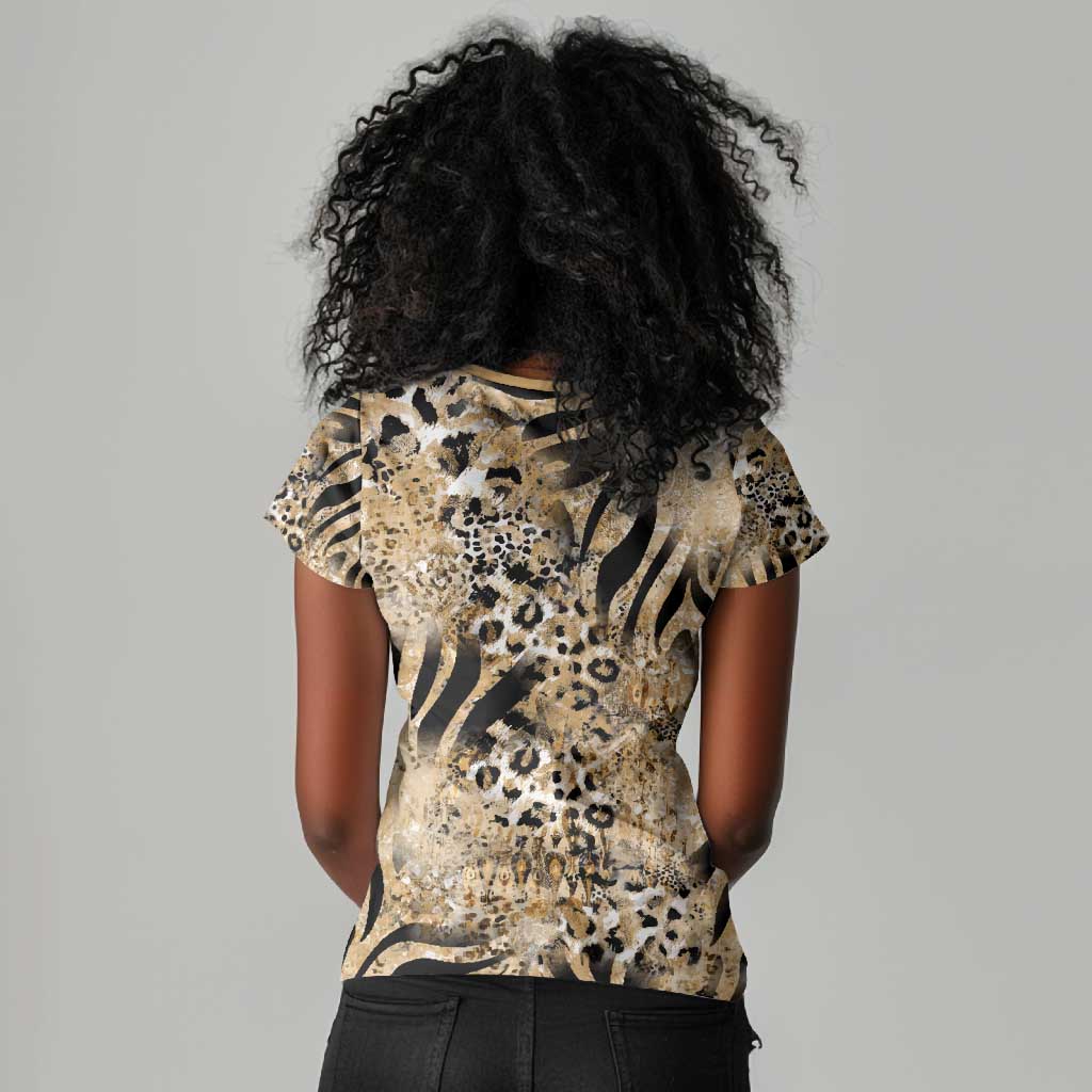 African Wild Animal Skins Women V-Neck T-Shirt Zebra Tiger Leopard Mix Skin - African Pride