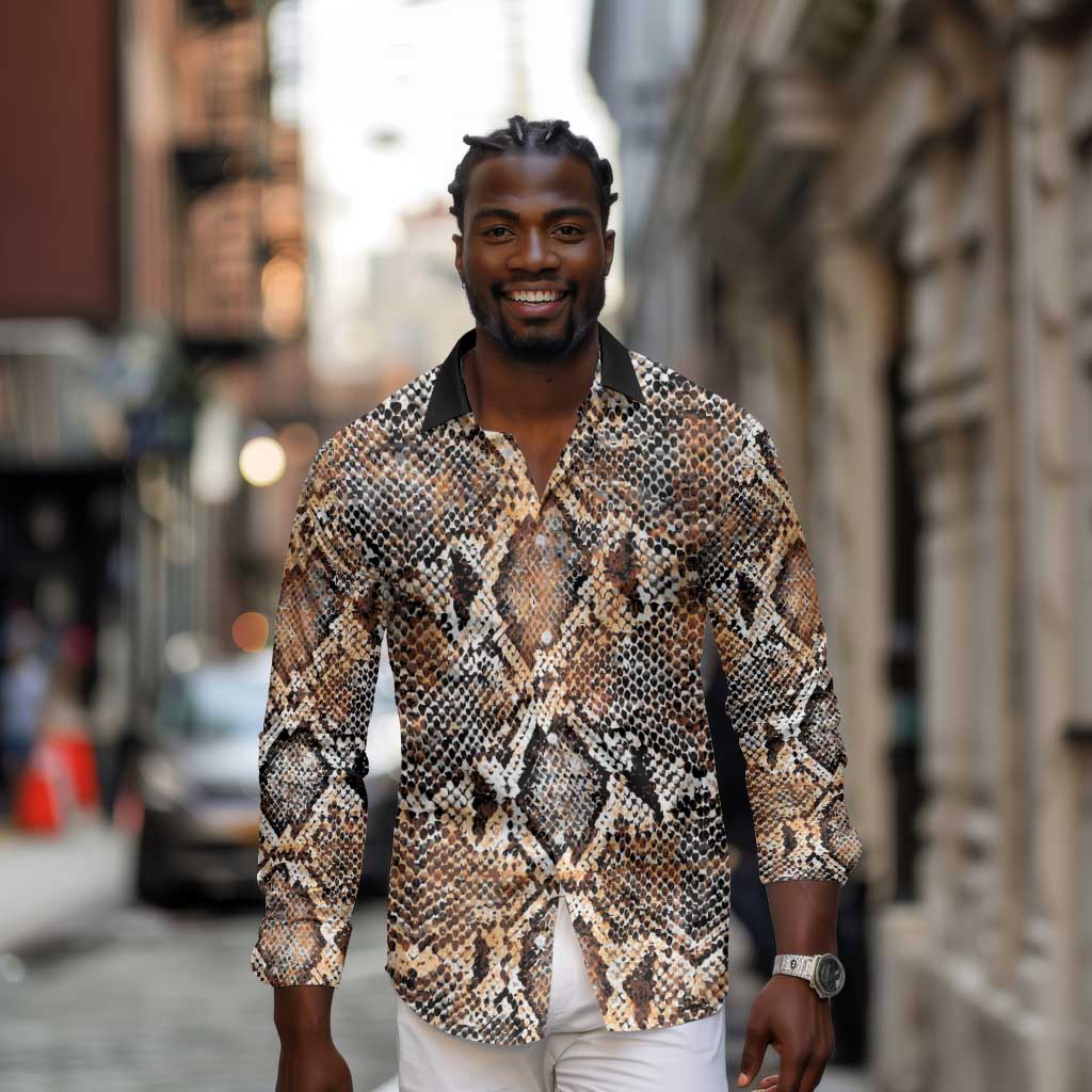 African Wild Animal Skins Long Sleeve Button Shirt Vintage Snake Skin Pattern - African Pride
