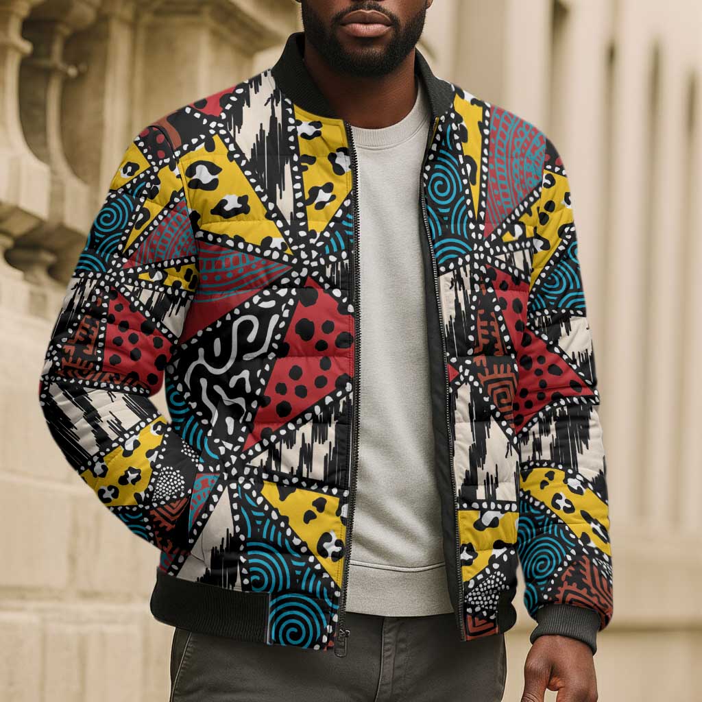 African Wild Animal Skins Bomber Puffer Jacket Triangles Pattern Afro Pattern Style