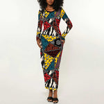 African Wild Animal Skins Long Sleeve Bodycon Dress Triangles Pattern Afro Pattern Style - African Pride