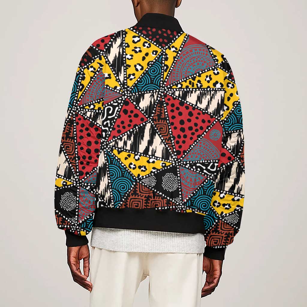 African Wild Animal Skins Sleeve Zip Bomber Jacket Triangles Pattern Afro Pattern Style - African Pride
