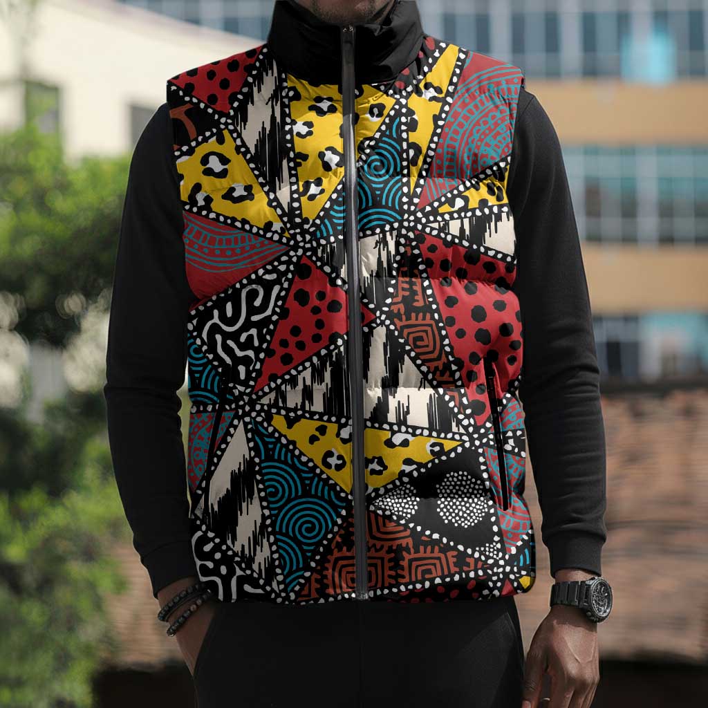 African Wild Animal Skins Sleeveless Puffer Jacket Triangles Pattern Afro Pattern Style