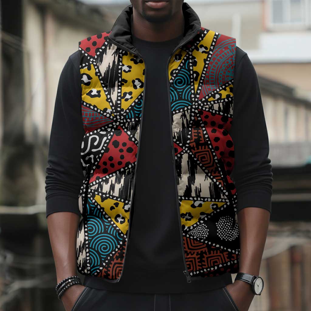 African Wild Animal Skins Sleeveless Puffer Jacket Triangles Pattern Afro Pattern Style