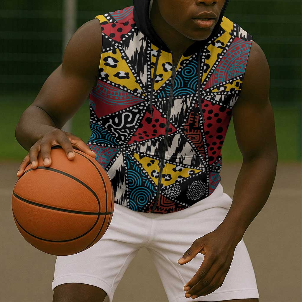 African Wild Animal Skins Sleeveless Zip Hoodie Triangles Pattern Afro Pattern Style - African Pride