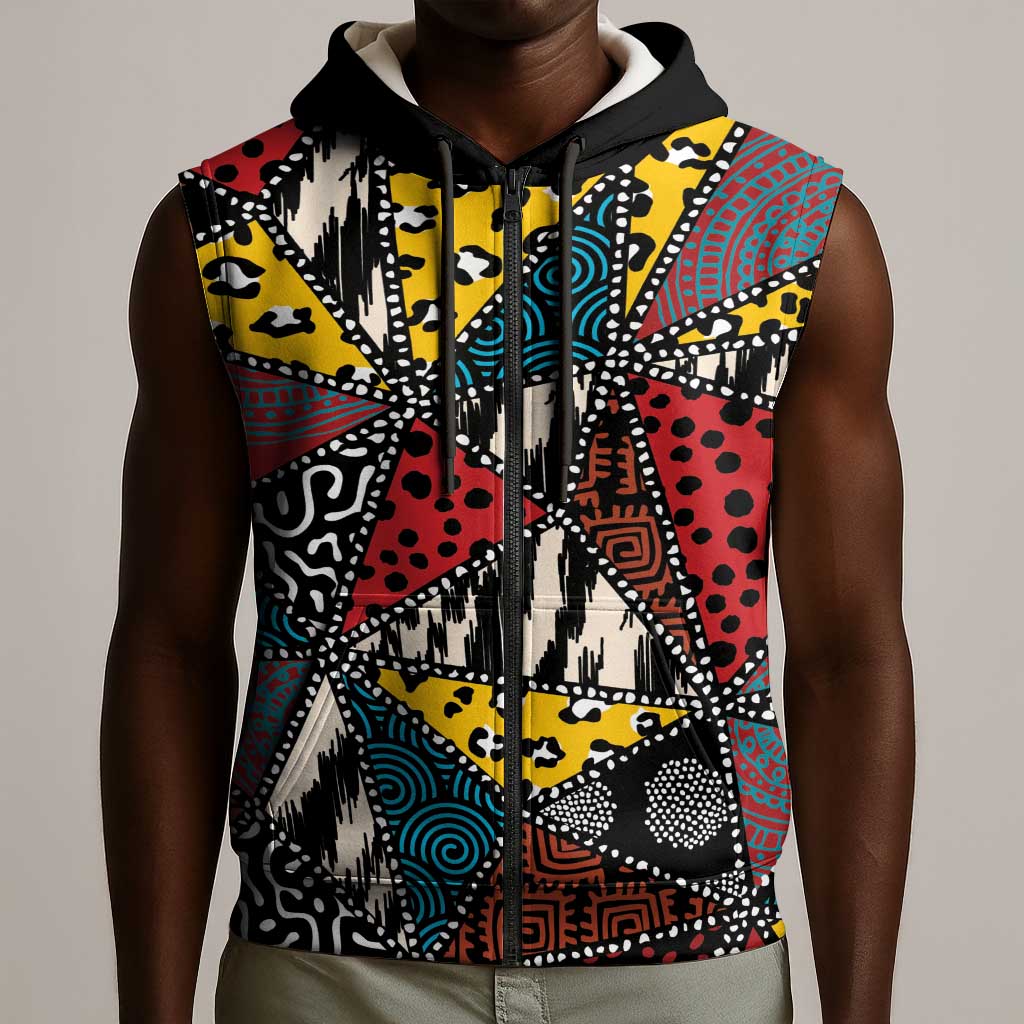 African Wild Animal Skins Sleeveless Zip Hoodie Triangles Pattern Afro Pattern Style - African Pride