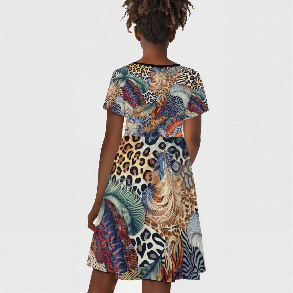 African Wild Animal Skins Kid Short Sleeve Dress Unique Leopard Zebra And Snake Patterns - African Pride