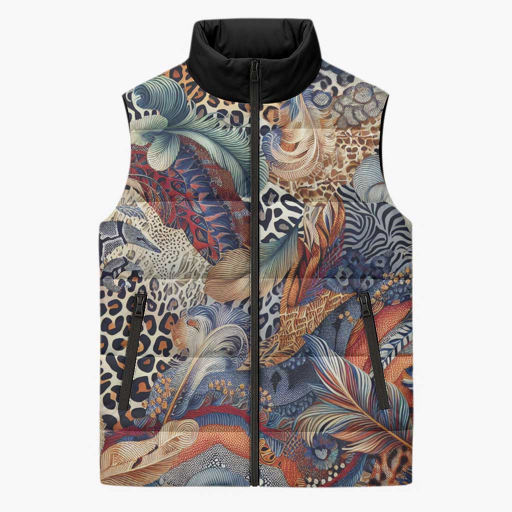 African Wild Animal Skins Sleeveless Puffer Jacket Unique Leopard Zebra And Snake Patterns