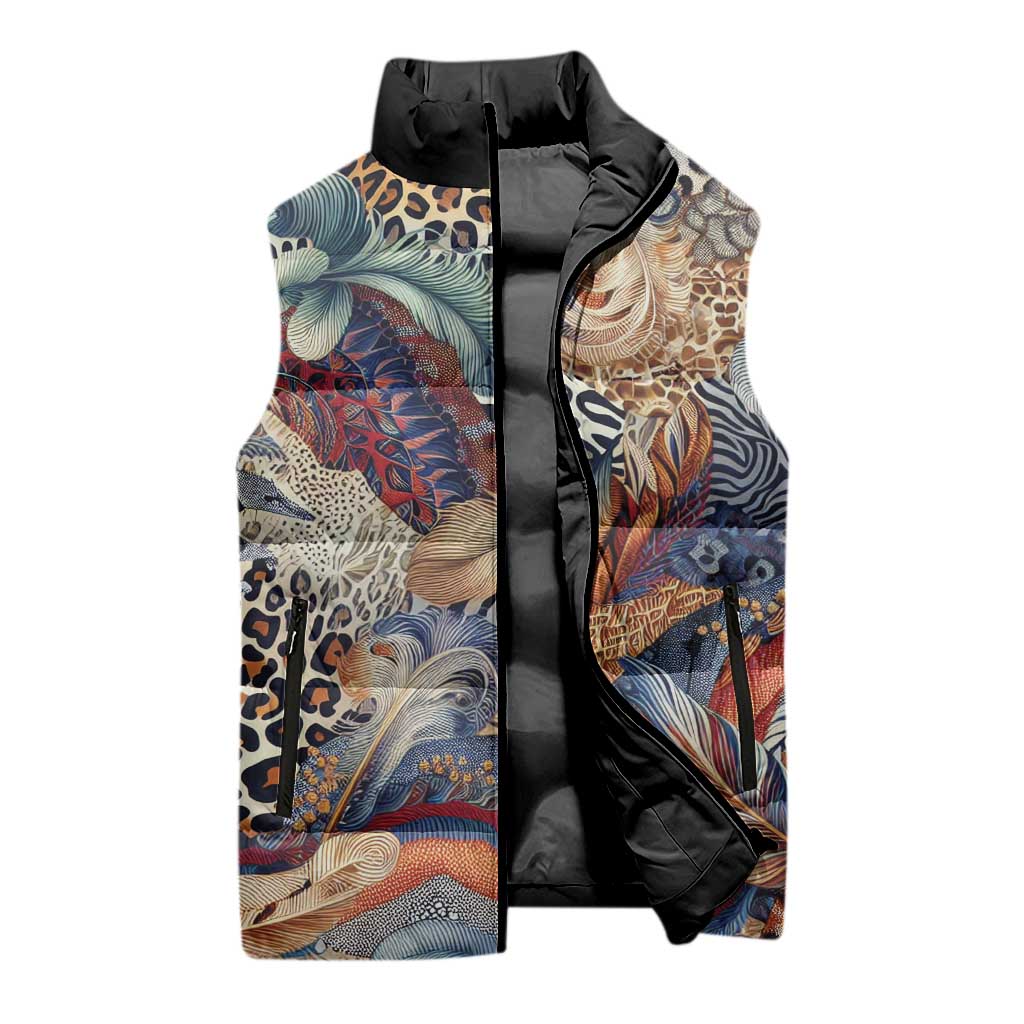 African Wild Animal Skins Sleeveless Puffer Jacket Unique Leopard Zebra And Snake Patterns
