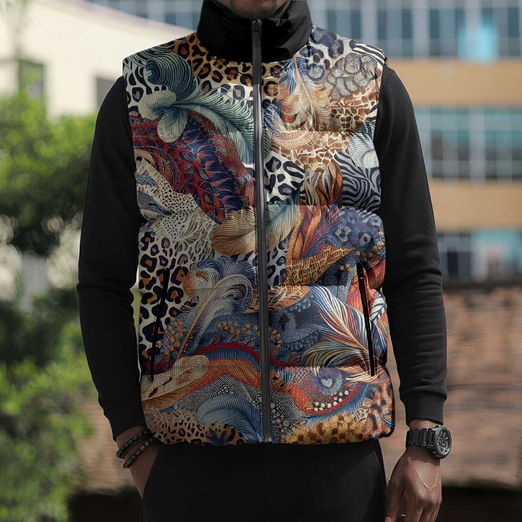 African Wild Animal Skins Sleeveless Puffer Jacket Unique Leopard Zebra And Snake Patterns
