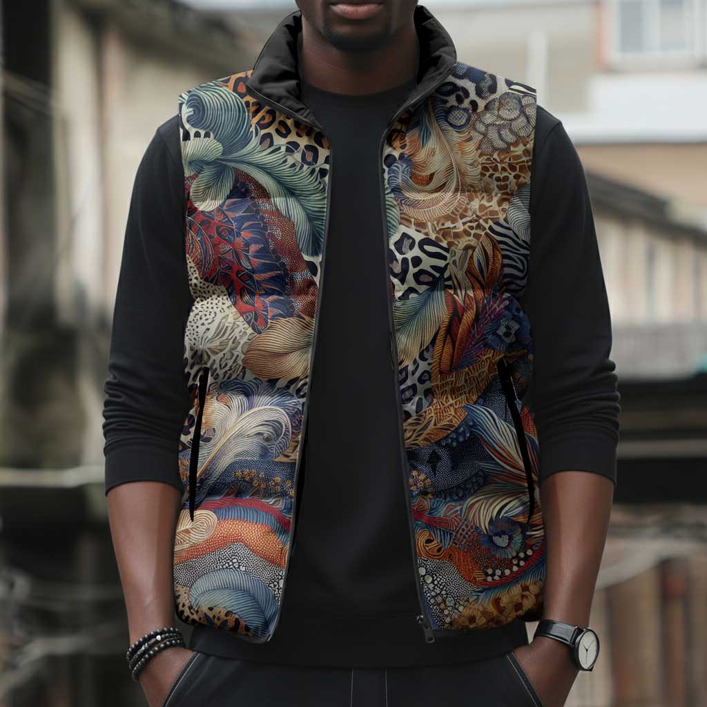 African Wild Animal Skins Sleeveless Puffer Jacket Unique Leopard Zebra And Snake Patterns