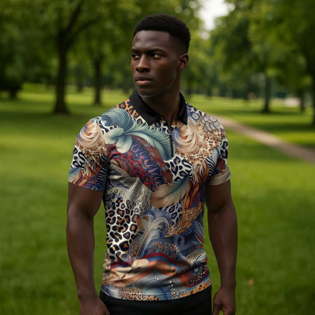 African Wild Animal Skins Zipper Polo Shirt Unique Leopard Zebra And Snake Patterns