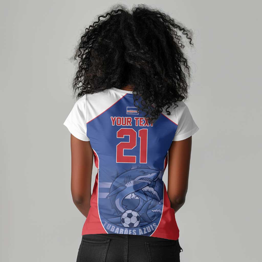 World Football 2026 Cape Verde Custom Women V-Neck T-Shirt Tubaroes Azuis Blue Shark LT9
