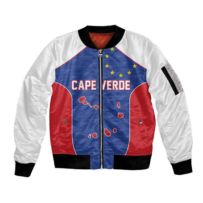 World Football 2026 Cape Verde Custom Sleeve Zip Bomber Jacket Tubaroes Azuis Verde Simple Map - African Pride