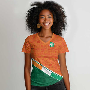 World Football 2026 Ivory Coast Custom Women V-Neck T-Shirt African Adinkra Pattern LT9