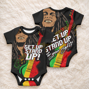 Legend Bob Get Up Stand Up Baby Onesie Black Jamaican Reggae Multicolored