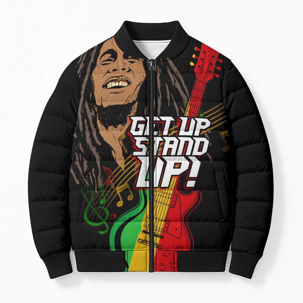 Legend Bob Get Up Stand Up Bomber Puffer Jacket Black Jamaican Reggae Multicolored