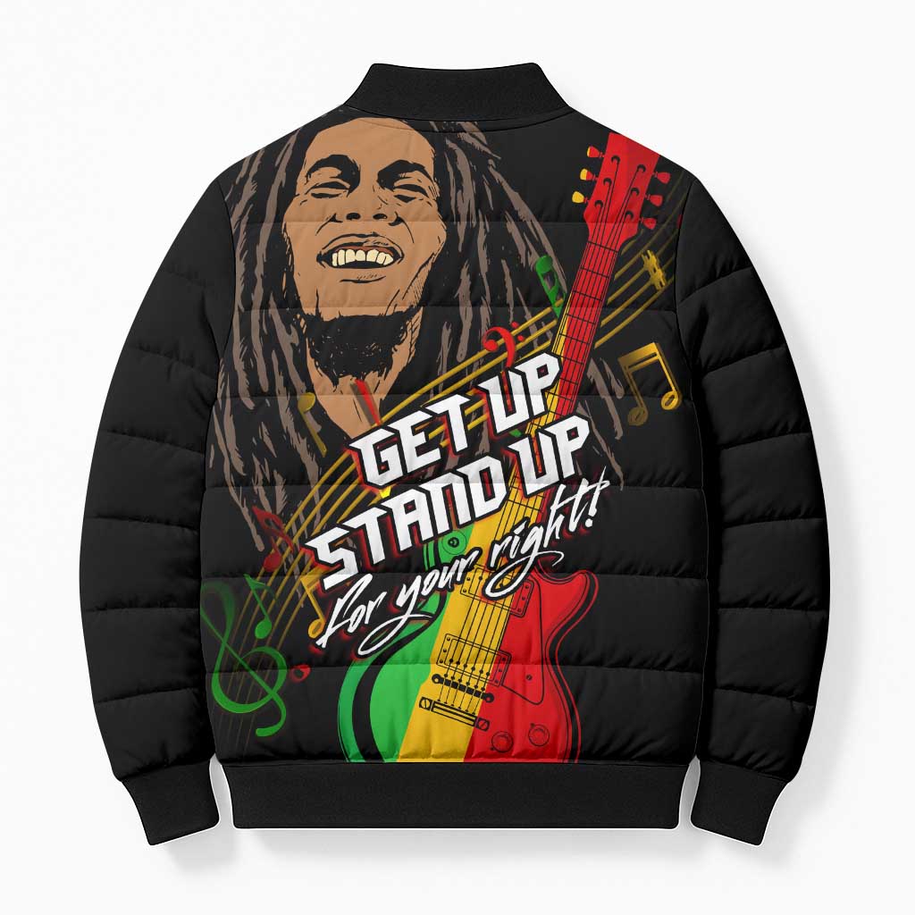 Legend Bob Get Up Stand Up Bomber Puffer Jacket Black Jamaican Reggae Multicolored