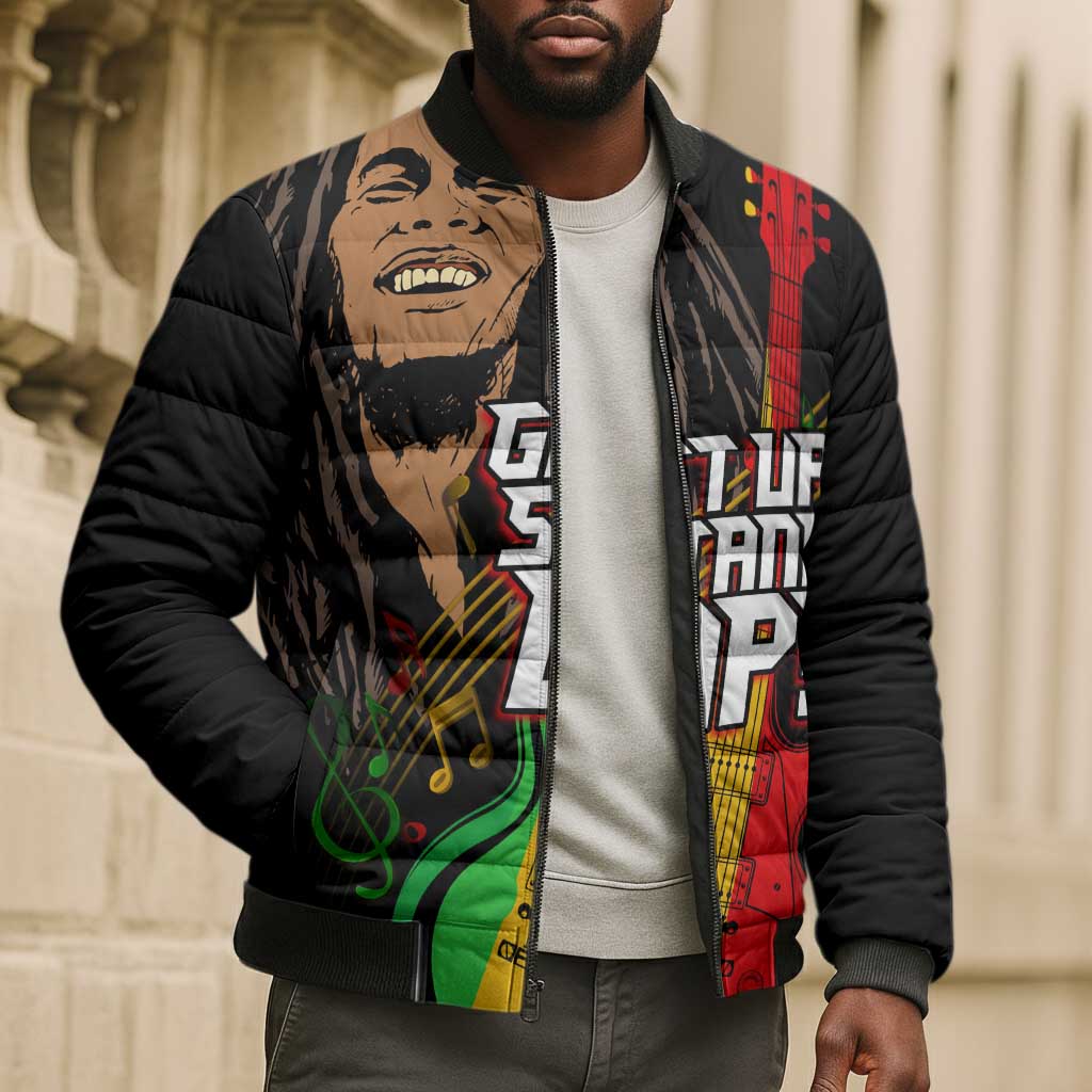 Legend Bob Get Up Stand Up Bomber Puffer Jacket Black Jamaican Reggae Multicolored