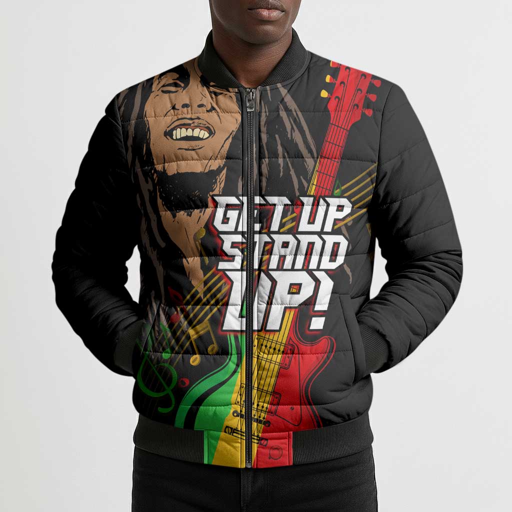 Legend Bob Get Up Stand Up Bomber Puffer Jacket Black Jamaican Reggae Multicolored