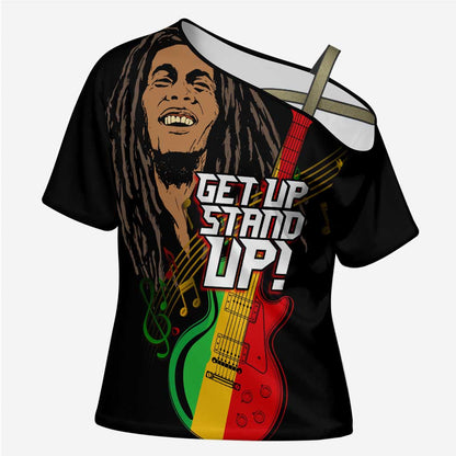 Legend Bob Get Up Stand Up Cross Shoulder Shirt Black Jamaican Reggae Multicolored