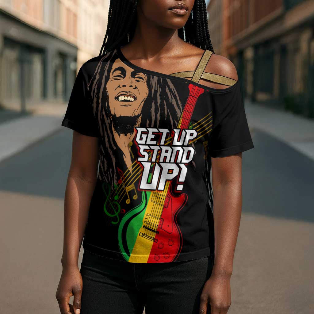 Legend Bob Get Up Stand Up Cross Shoulder Shirt Black Jamaican Reggae Multicolored