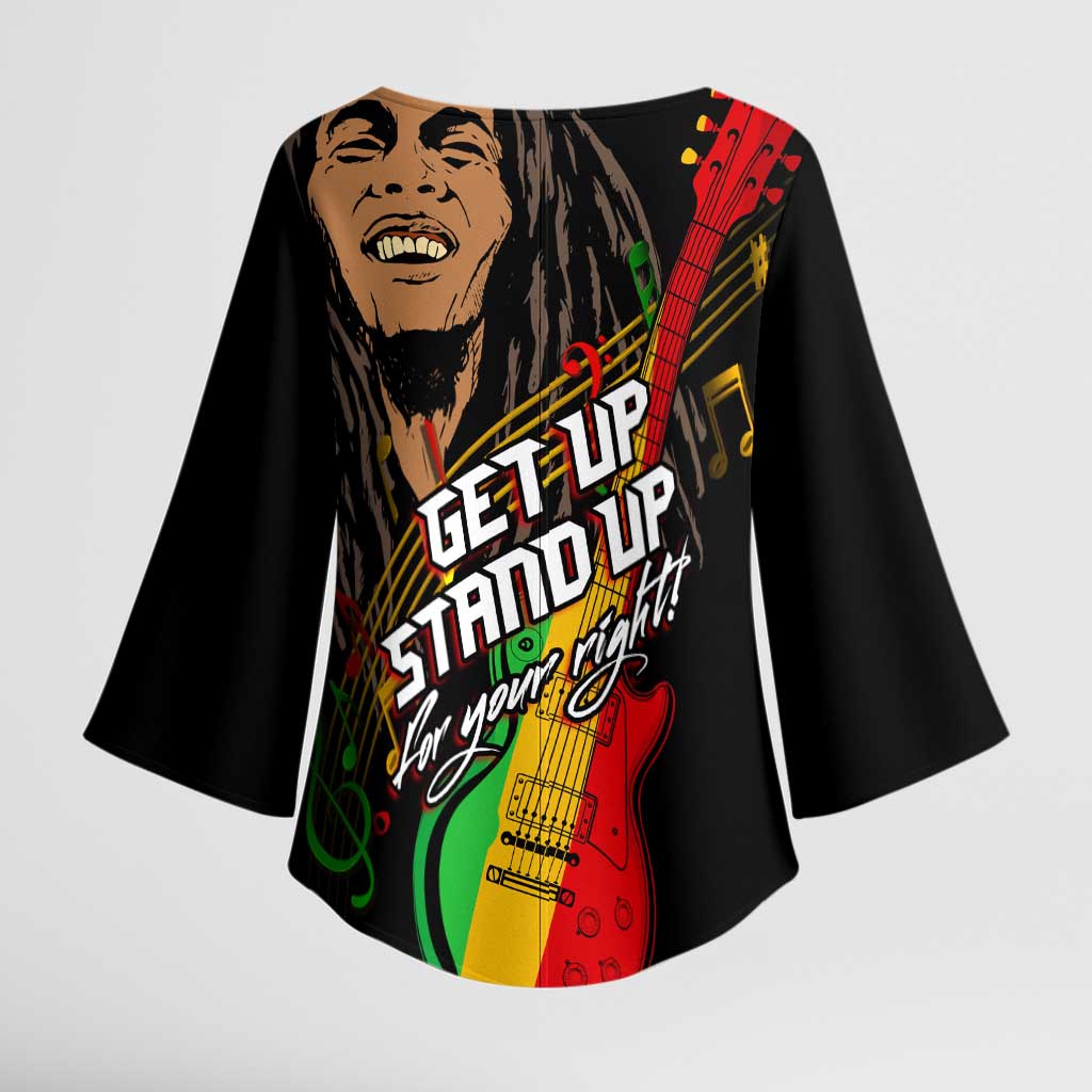 Legend Bob Get Up Stand Up Kimono Sleeve Blouse Black Jamaican Reggae Multicolored