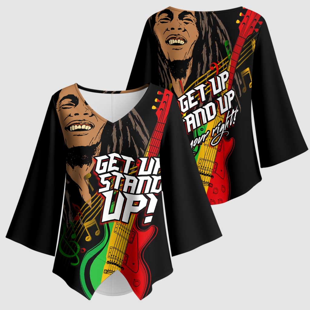 Legend Bob Get Up Stand Up Kimono Sleeve Blouse Black Jamaican Reggae Multicolored
