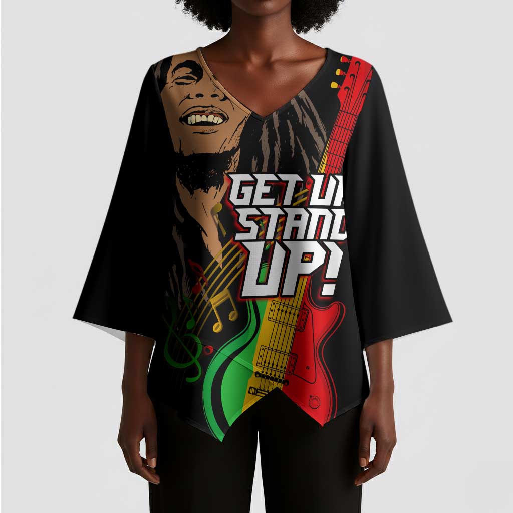 Legend Bob Get Up Stand Up Kimono Sleeve Blouse Black Jamaican Reggae Multicolored