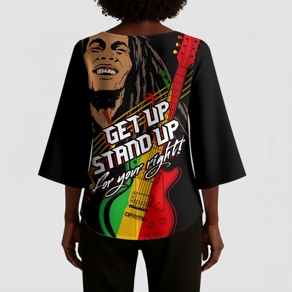 Legend Bob Get Up Stand Up Kimono Sleeve Blouse Black Jamaican Reggae Multicolored