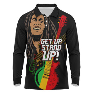 Legend Bob Get Up Stand Up Long Sleeve Polo Shirt Black Jamaican Reggae Multicolored