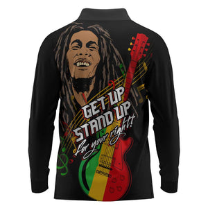 Legend Bob Get Up Stand Up Long Sleeve Polo Shirt Black Jamaican Reggae Multicolored