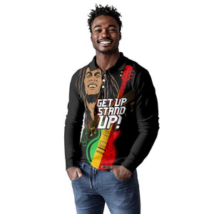 Legend Bob Get Up Stand Up Long Sleeve Polo Shirt Black Jamaican Reggae Multicolored