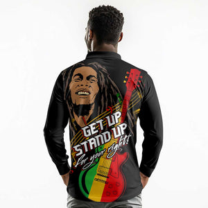 Legend Bob Get Up Stand Up Long Sleeve Polo Shirt Black Jamaican Reggae Multicolored