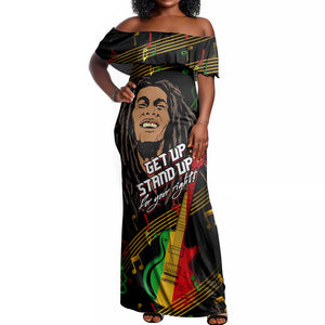 Legend Bob Get Up Stand Up Off Shoulder Maxi Dress Black Jamaican Reggae Multicolored