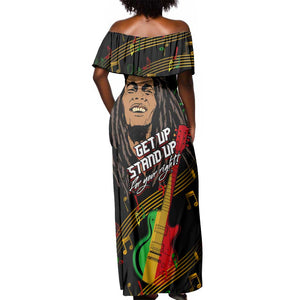 Legend Bob Get Up Stand Up Off Shoulder Maxi Dress Black Jamaican Reggae Multicolored