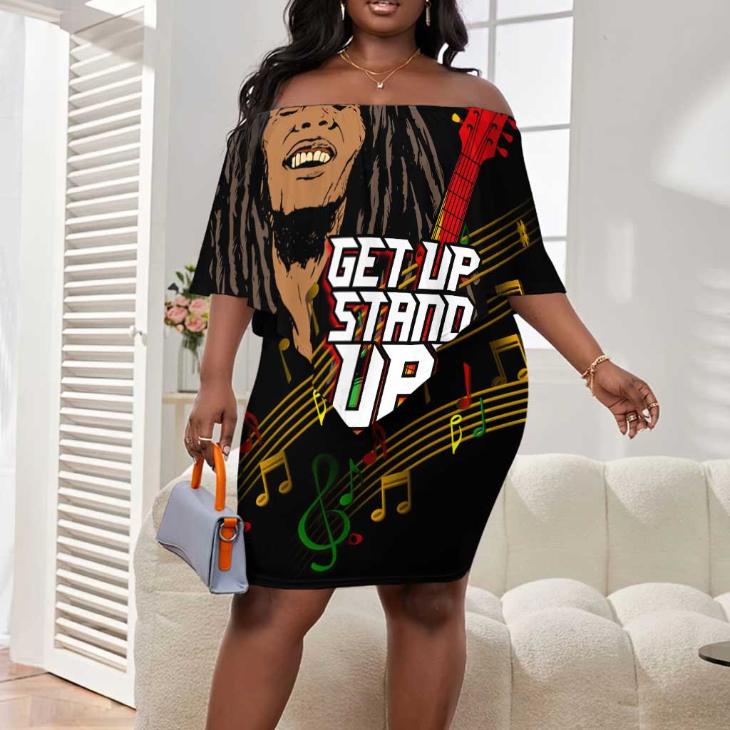 Legend Bob Get Up Stand Up Off Shoulder Short Dress Black Jamaican Reggae Multicolored