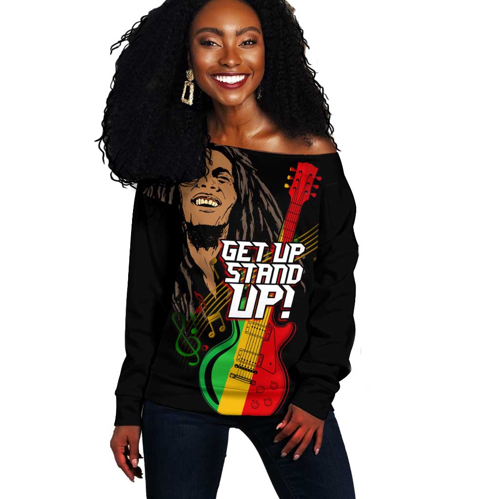 Legend Bob Get Up Stand Up Off Shoulder Sweater Black Jamaican Reggae Multicolored