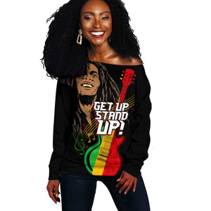 Legend Bob Get Up Stand Up Off Shoulder Sweater Black Jamaican Reggae Multicolored